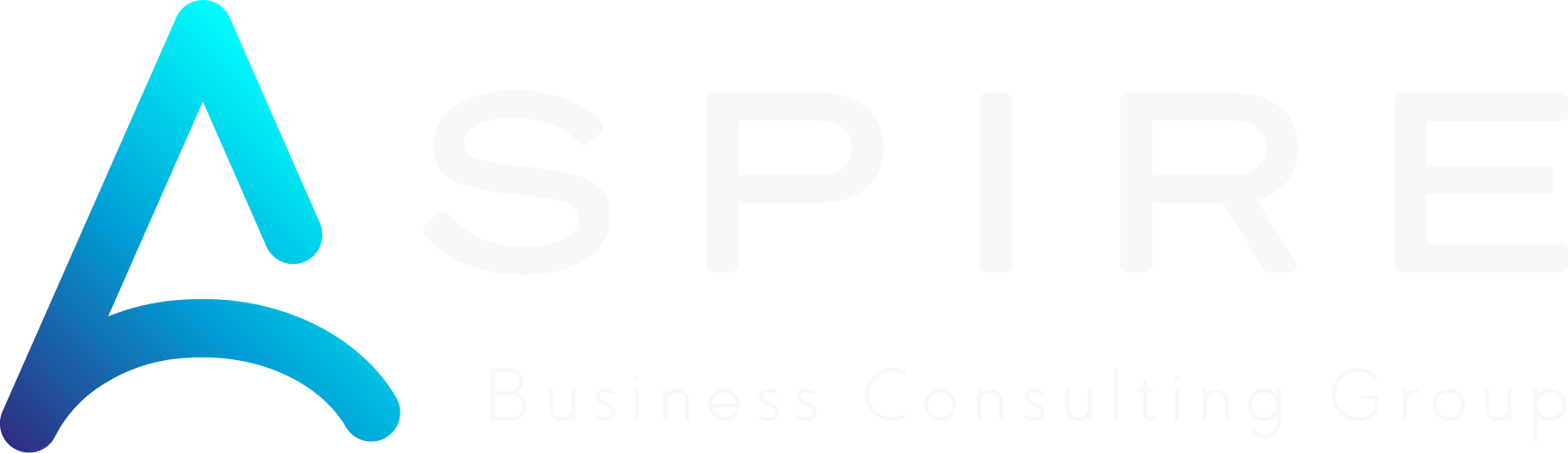 Logo for "ASPIRE Business Consulting Group." Features a large stylized "A" in blue gradient on the left, followed by "SPIRE" in bold white capital letters. Below, &ldquo;Business Consulting Group&rdquo; appears in smaller, white, sans-serif font.