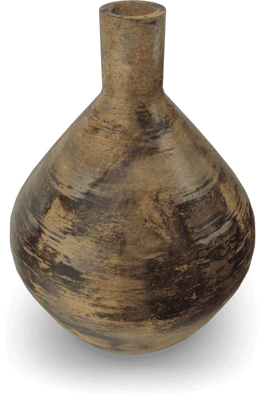 A rustic, bulbous clay vase with a narrow neck, earthy brown tones, and dark, uneven brush-like streaks. The surface appears textured and aged, with a matt finish and a hand-crafted, ancient pottery look. The background is plain and black.