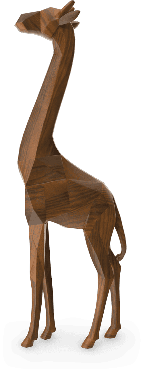 A tall, stylised giraffe sculpture made of wood with a smooth, polished finish. The giraffe has elongated legs, neck, and body, with simplified angular features and visible wood grain patterns throughout its surface.