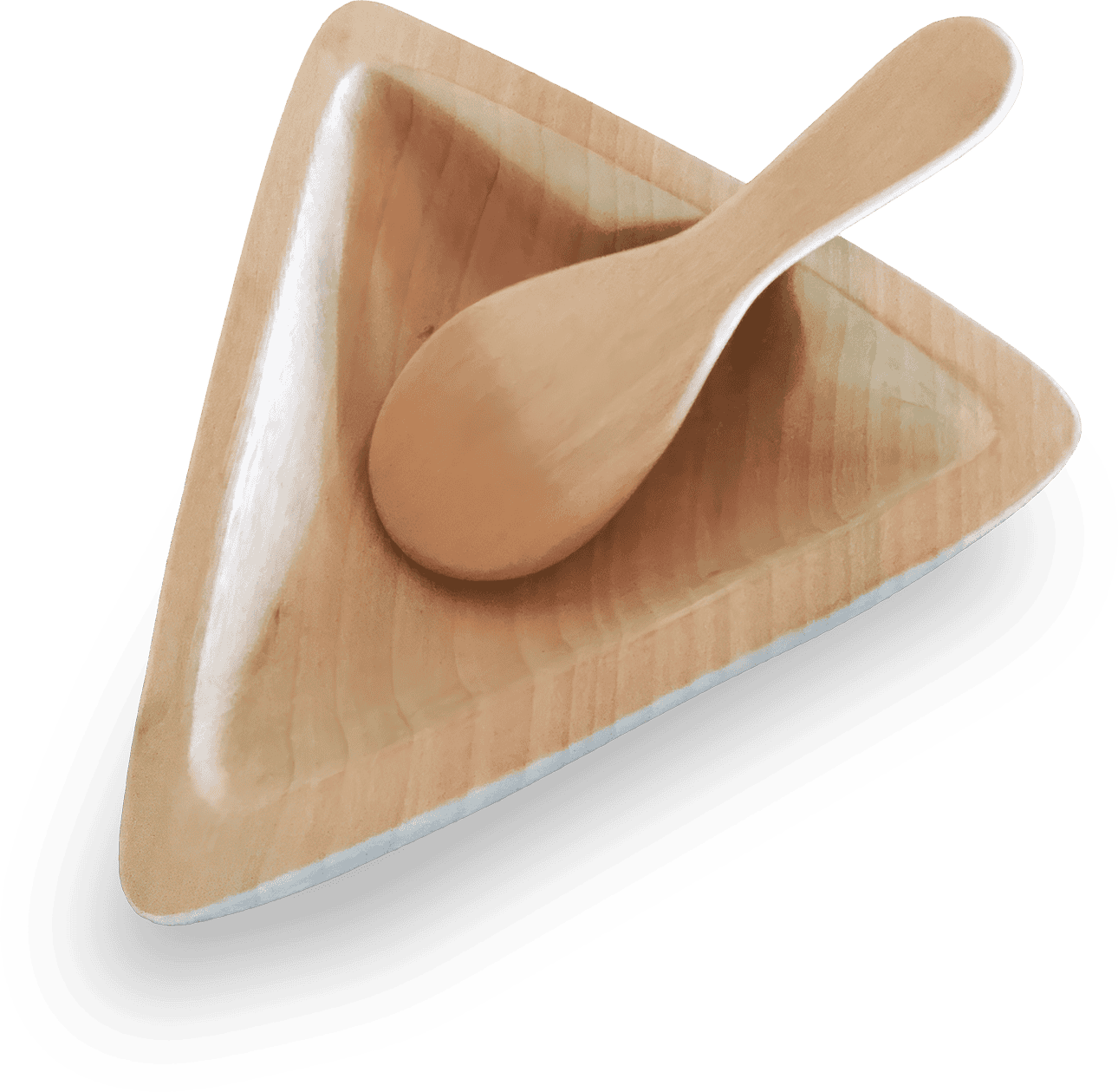 A light wooden triangular dish with rounded edges, holding a matching smooth wooden spoon. Both items have a natural wood grain finish and are placed on a plain background.