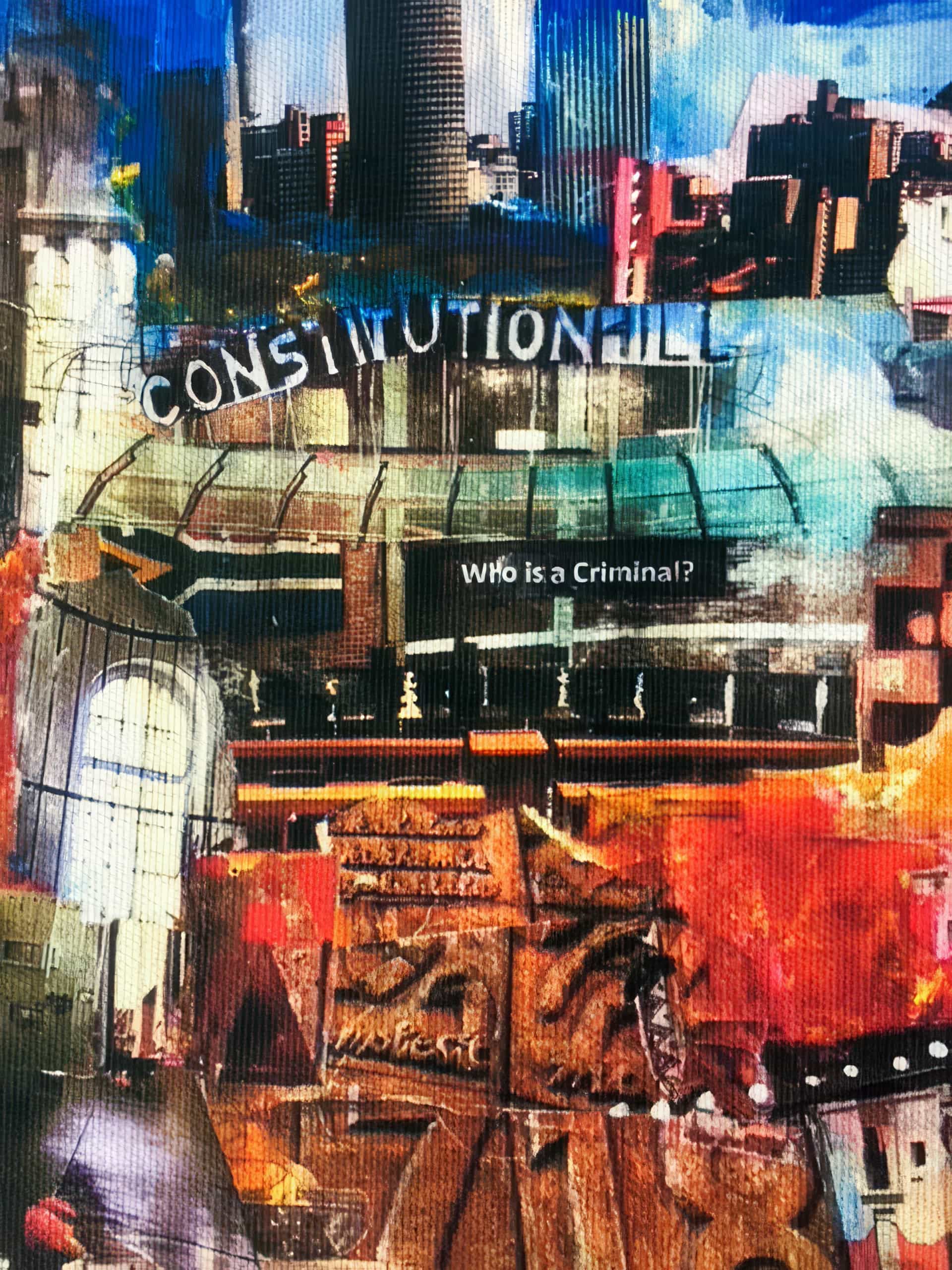A vibrant, chaotic collage of urban scenes features the words 