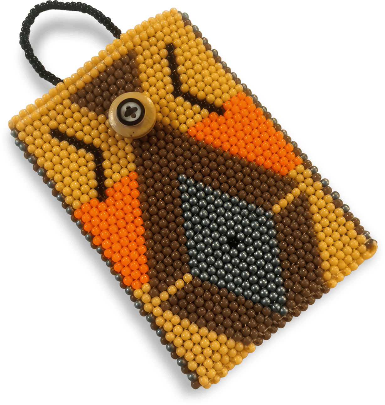 A beaded pouch with a geometric pattern in yellow, orange, brown, and black beads. The pouch has a looped handle and a brown button fastening, arranged in a diamond and chevron design.