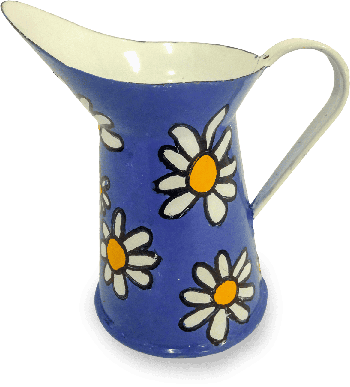 A blue metal jug with a curved handle and a wide spout, decorated with large white daisies with yellow centres and black outlines, on a transparent background.