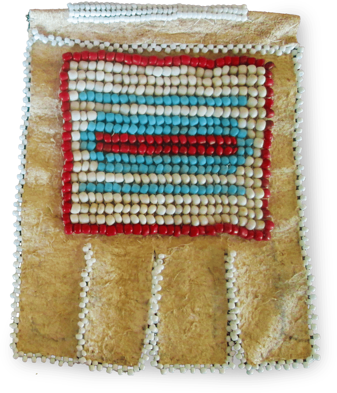 A rectangular piece of tan animal hide is decorated with rows of white, red, and blue beads. The beads form a rectangular pattern with a central blue stripe bordered by red and white rows. The edges of the hide and pattern are outlined with white beads.