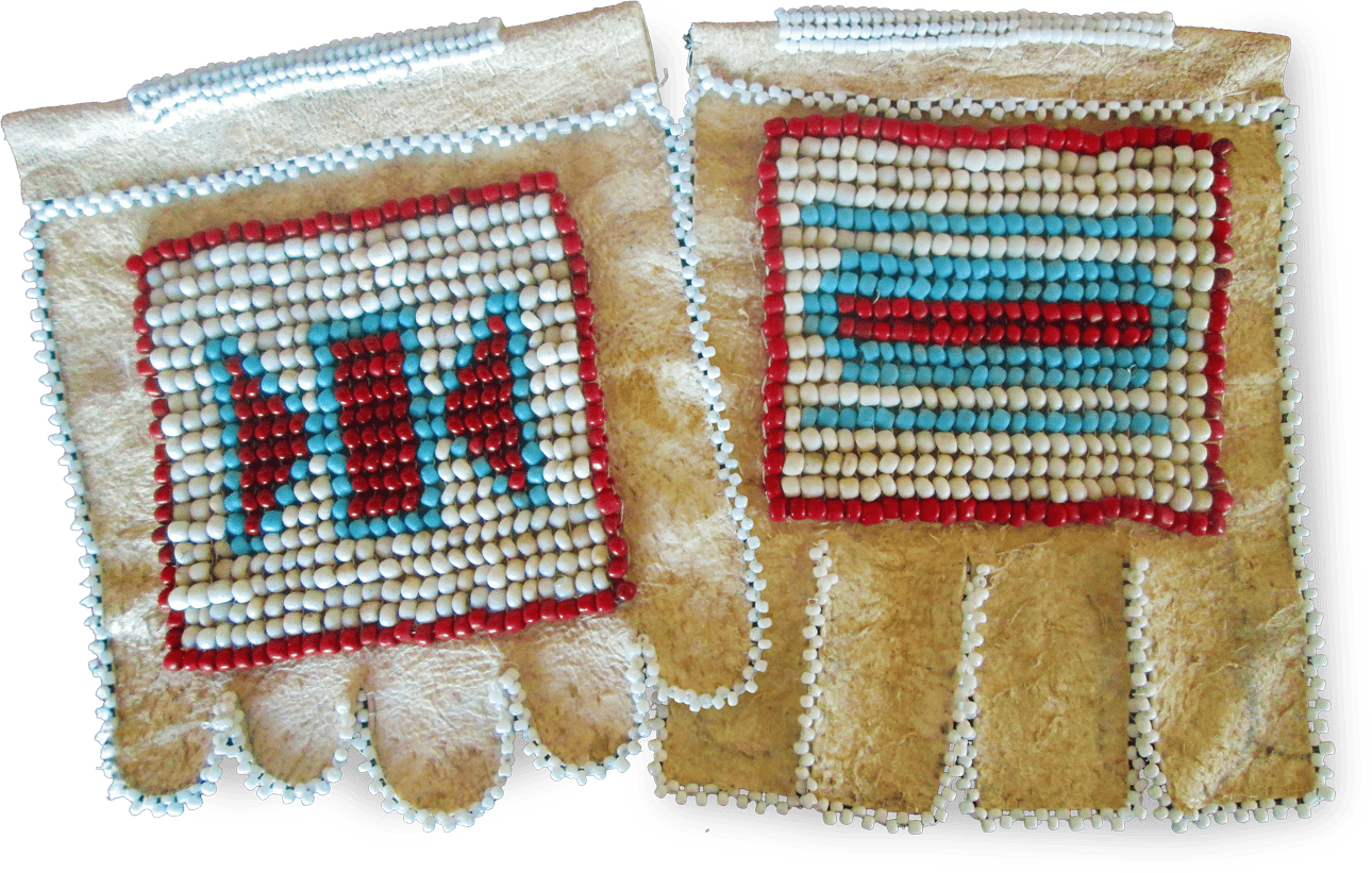 A pair of tan, leather, fingerless gloves decorated with intricate beadwork. The left glove has a pattern of red, white, and blue beads, mainly red and white stripes. The right glove features horizontal lines in white, blue, red, and turquoise beads.