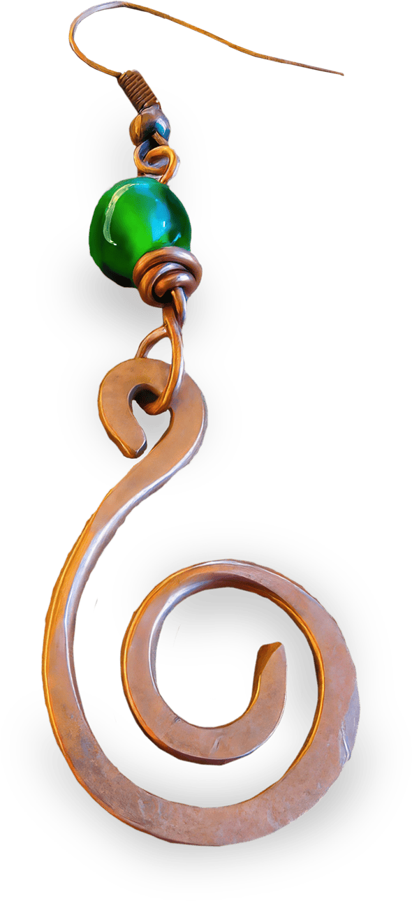 A single copper wire earring forms a spiral shape, topped with a green glass bead wrapped in copper wire. The earring has a fishhook ear wire for wearing, and the metal has a rustic, handmade appearance. The background is transparent.