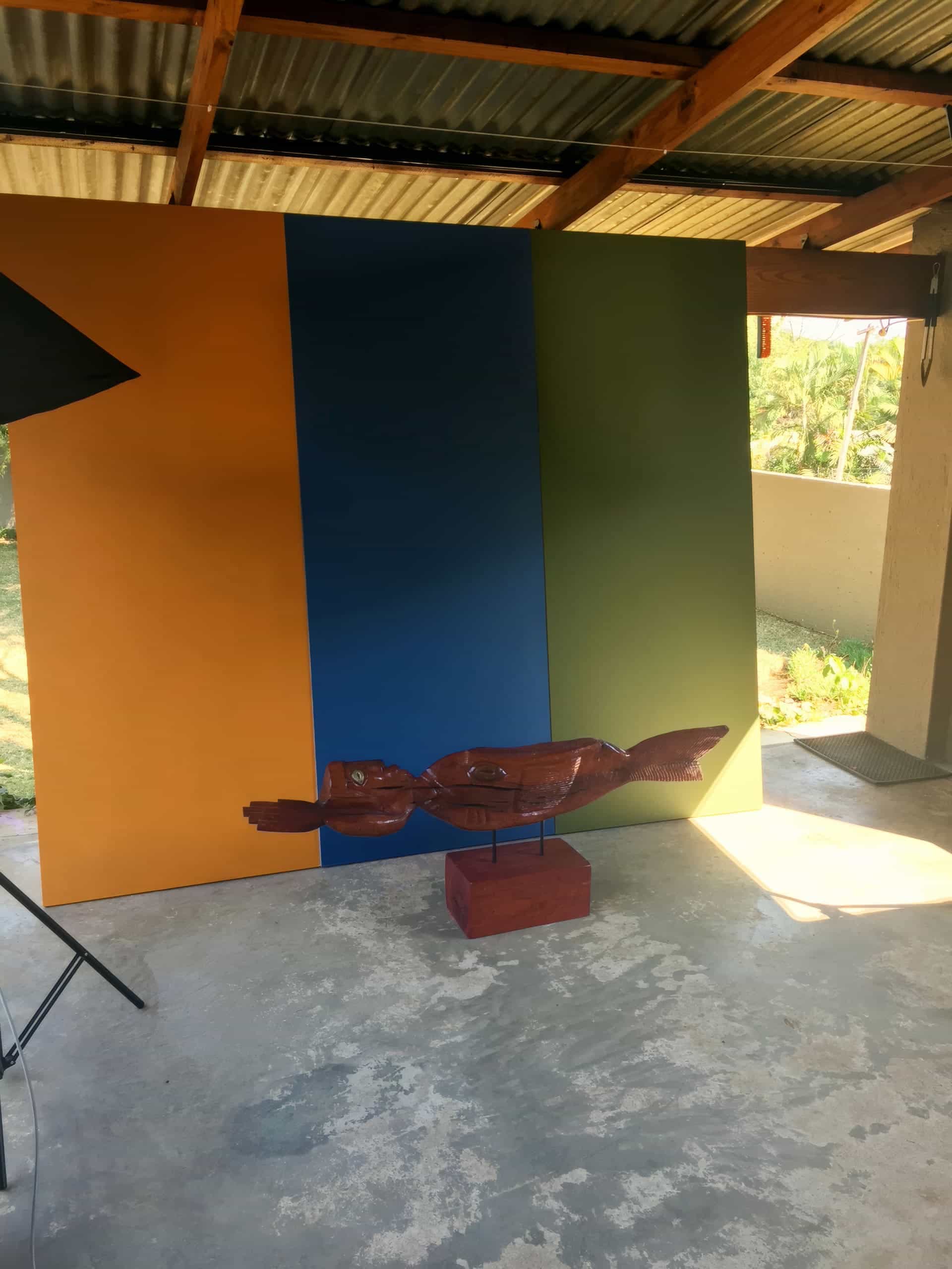 A wood sculpture of a fish on a red base sits on a concrete floor in front of a backdrop with vertical panels in orange, blue, and green. Sunlight filters in from the right, with part of a black studio light visible on the left.
