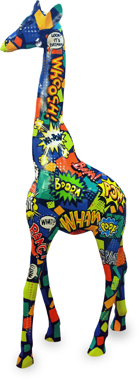 A tall giraffe sculpture is covered in colourful comic book-style graphics and words like 