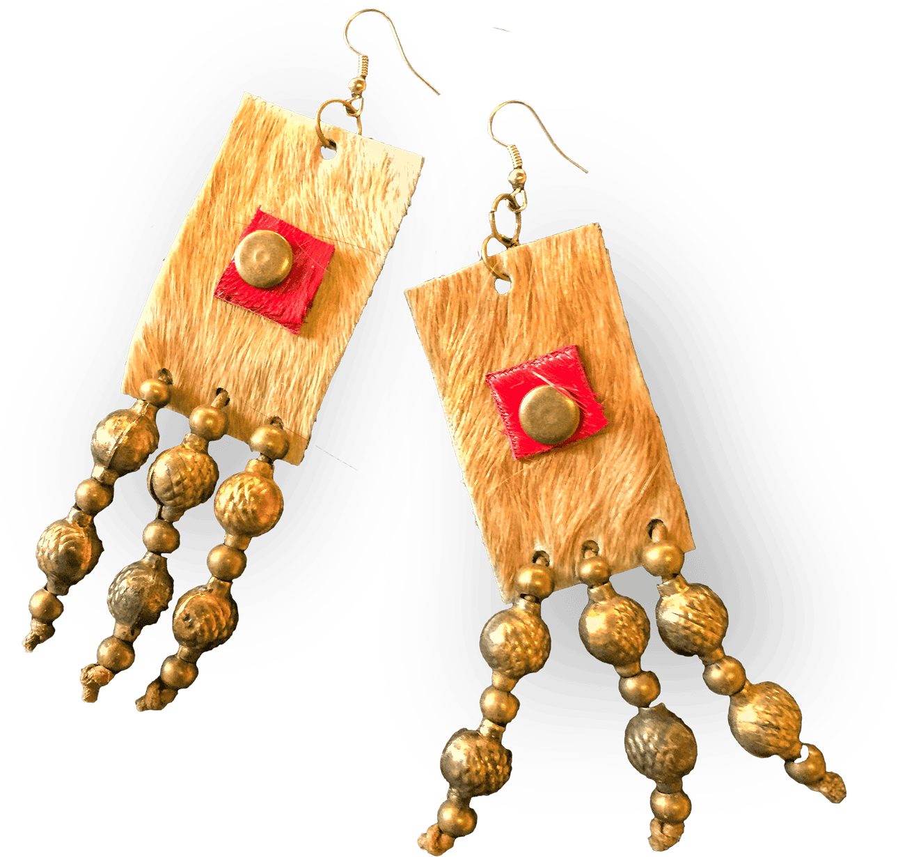 A pair of handmade earrings with rectangular tan leather pieces, each featuring a red square accent with a gold stud. Three dangling strands of round and textured gold beads hang from each earring. Gold hooks are attached at the top. The background is black.