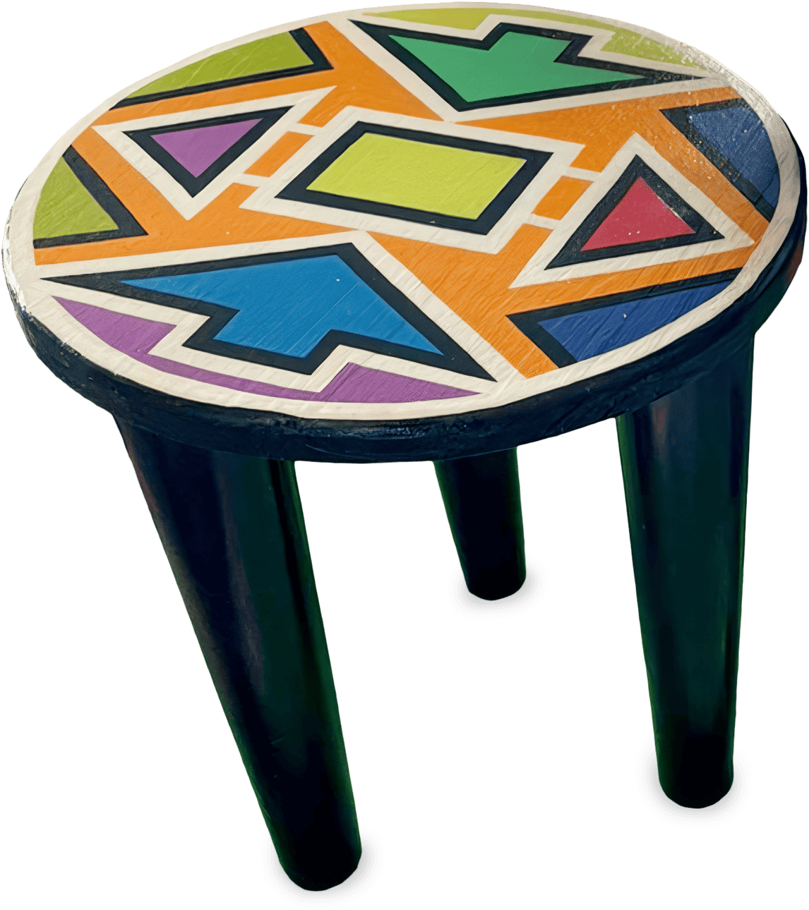 A round wooden stool with black legs. The seat features a colourful geometric pattern with triangles, rectangles, and trapezoids in orange, yellow, green, purple, and blue, outlined in black and white.