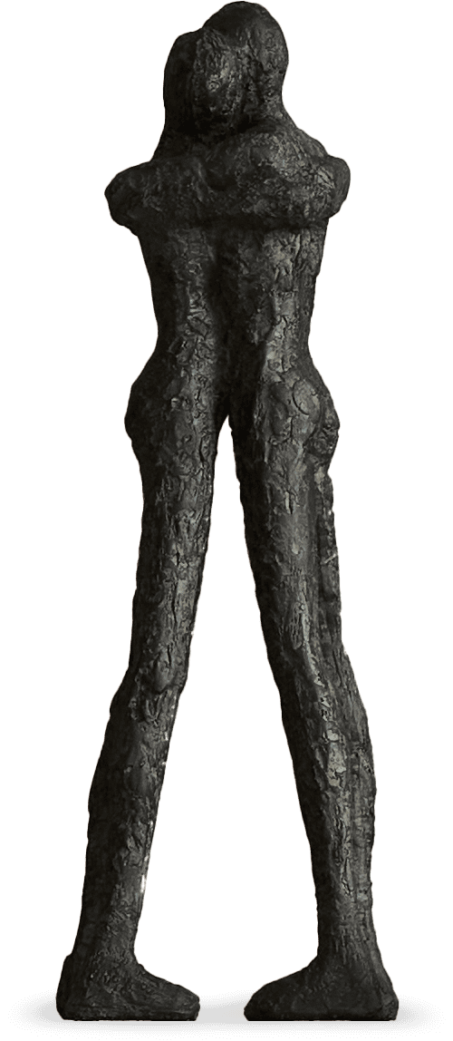A bronze sculpture of two elongated human figures embracing, standing upright with their arms wrapped round each other; the surface is textured and rough, emphasising the abstract, minimalist style of the artwork.