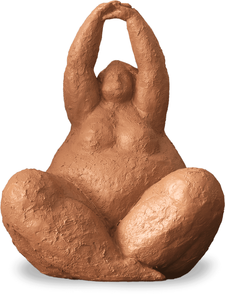 A textured, clay-coloured sculpture of a seated, nude, full-figured woman with arms raised overhead. Her legs are bent outward, feet touching. The style is rounded and abstract, with minimal facial details and a smooth yet uneven surface.