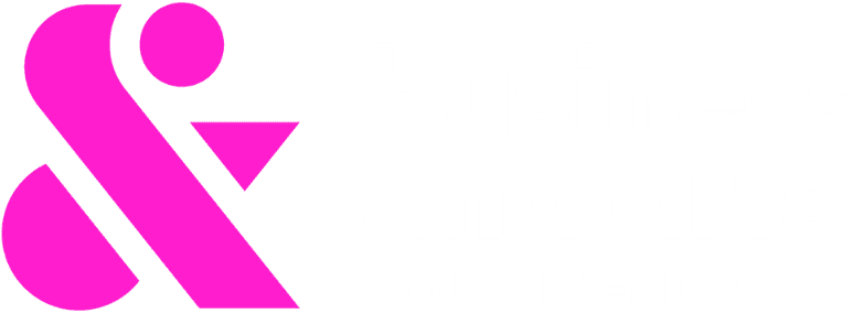 A bold pink ampersand symbol sits to the left of white text reading “business and arts SOUTH AFRICA” on a transparent background. The font is modern and sans-serif, with “SOUTH AFRICA” in smaller capital letters below the main text.