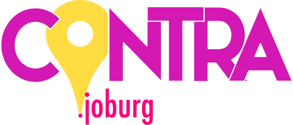 The word “CONTRA” in bold pink uppercase letters; the “O” is stylised as a yellow map pin with a black circle centre. Below, “joburg” is in lowercase pink letters aligned left under the map pin. The background is transparent.