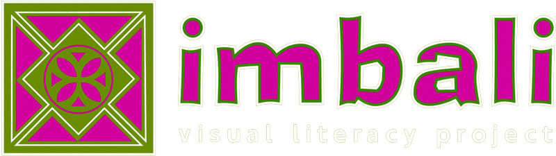 A logo with a geometric pattern in green and magenta on the left and the word "imbali" in bold magenta and green letters on the right. Below "imbali" is the phrase "visual literacy project" in lowercase, yellow-green text.