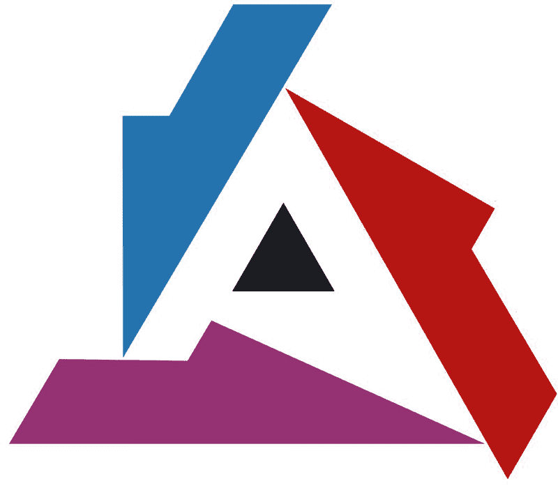 A black equilateral triangle is centred, surrounded by three larger, coloured arrows: blue on top left, red on top right, and purple at the bottom. The arrows form a rough circular motion around the central triangle. The background is white.