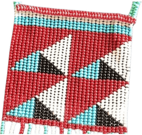A rectangular beaded pattern inspired by The Weight of Silence features four white triangles outlined in black, set against a red background with turquoise and white borders at the top. Small beaded fringe hangs from the bottom edge.
