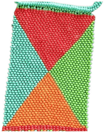 A beaded panel with a geometric pattern composed of four triangular sections: red, green, orange, and blue-green. Reminiscent of Contra.Joburg’s style, the triangles meet at the centre in a pinwheel effect, with neat beadwork and a blue-green top row.