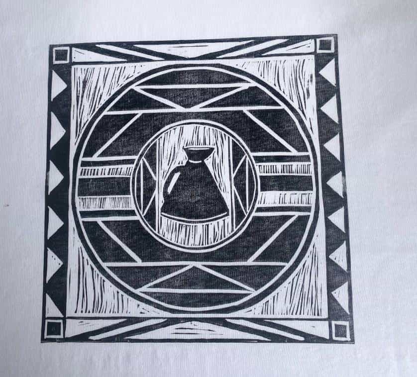 Black and white woodcut-style print shows a geometric border framing a central circle with a bag or pouch icon, reminiscent of Contra.Joburg. Background features diagonal lines, triangles, and textured effects for a Weight of Silence-inspired abstract design.