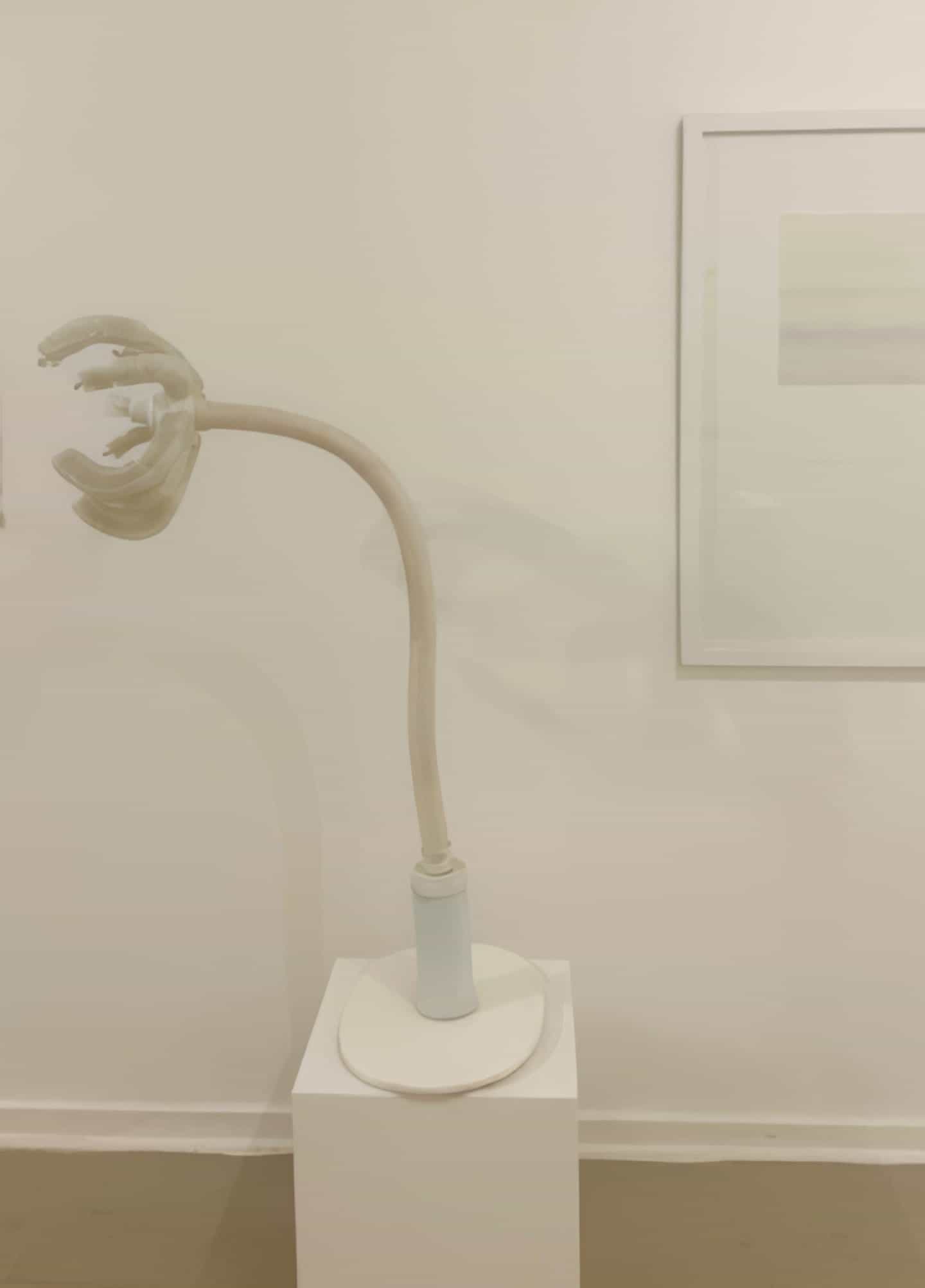 A sculpture with a flexible, tube-like stem supports two realistic white hands forming a claw shape. Titled 
