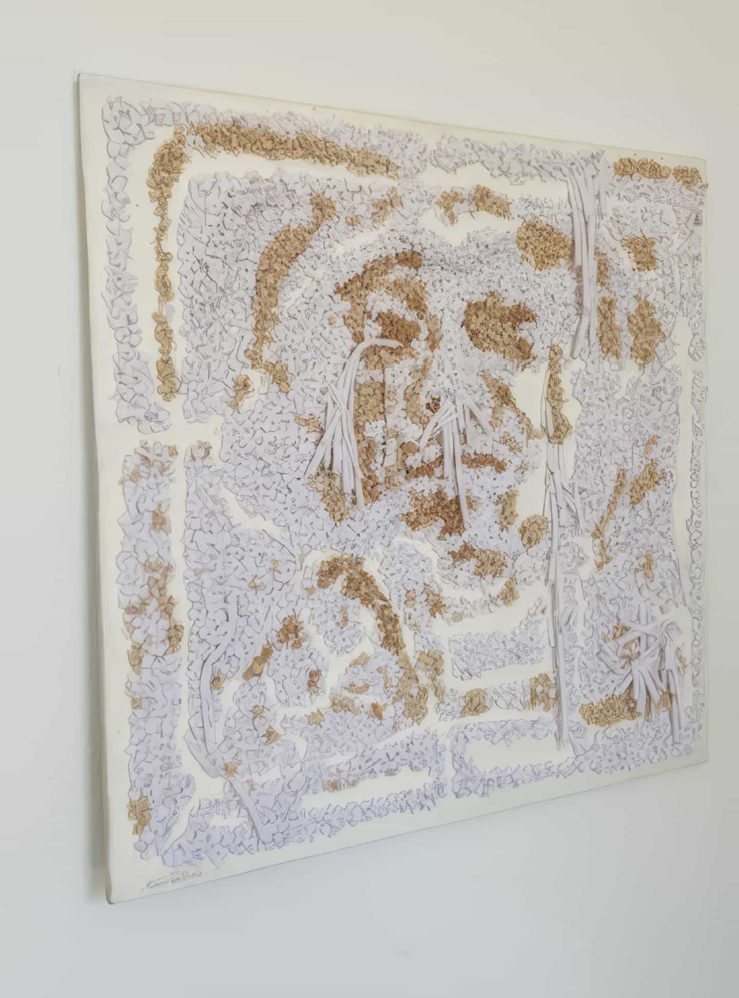 A textured, abstract artwork hangs on a white wall at Contra.Joburg. The piece, titled 