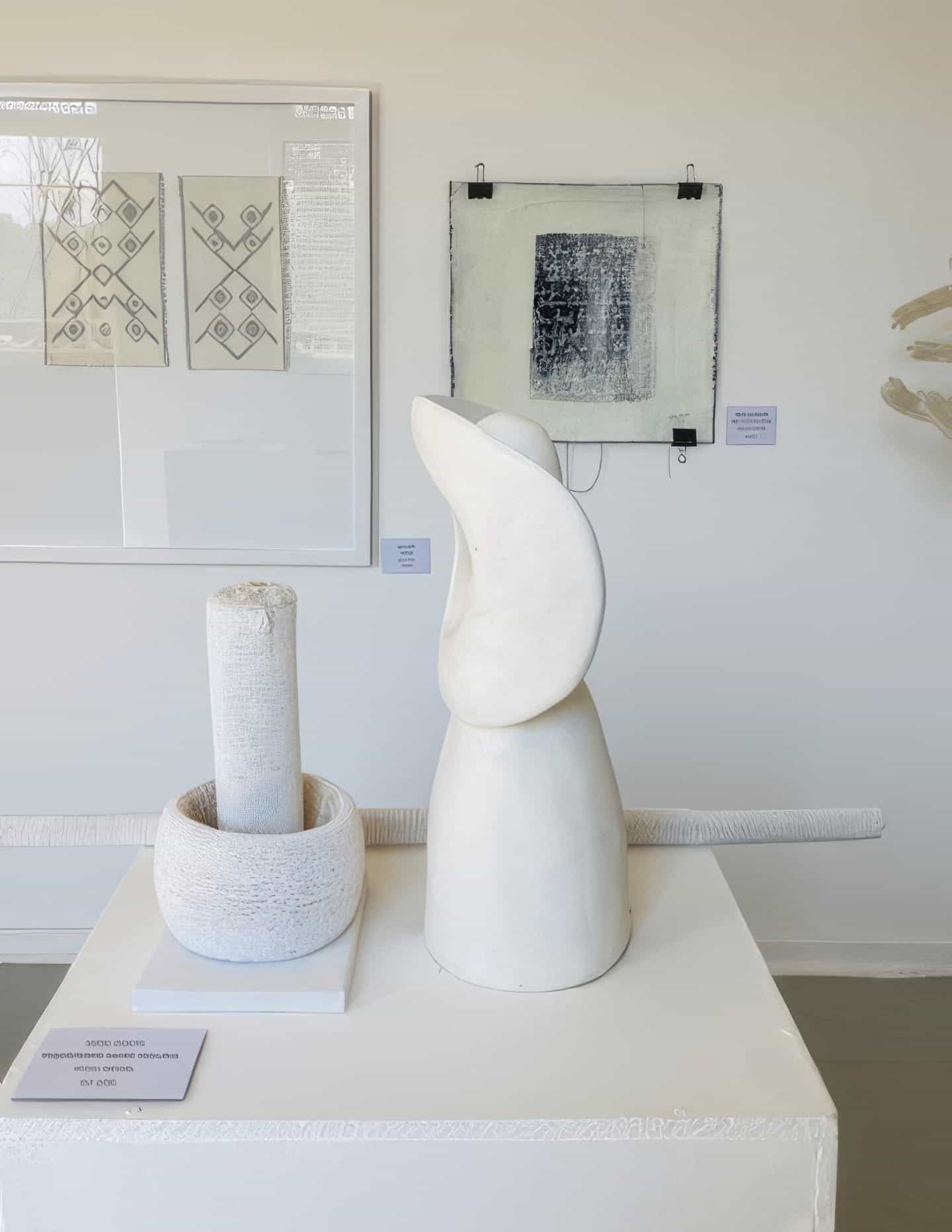 A white gallery space displays modern abstract sculptures: one, titled Weight of Silence, is a tall, curved form beside a textured cylindrical column in a bowl. Behind them, Contra.Joburg’s minimalist black-and-white artworks hang on the bright walls.