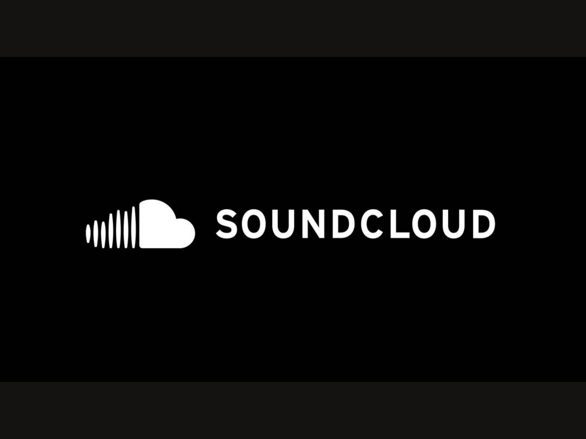 The image shows the SoundCloud logo on a black background. To the left is a white cloud with soundwave lines, and to the right, the word 
