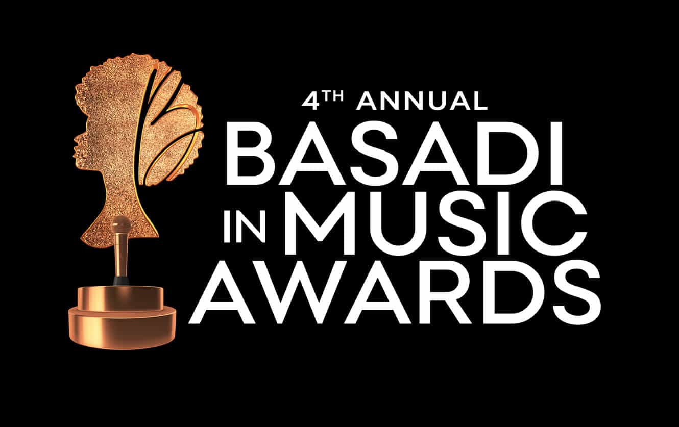 Logo for the 4th Annual Basadi In Music Awards. It features a gold trophy shaped like a woman's side profile with textured hair, next to bold white text on a black background that reads &ldquo;4th Annual Basadi In Music Awards.&rdquo;.