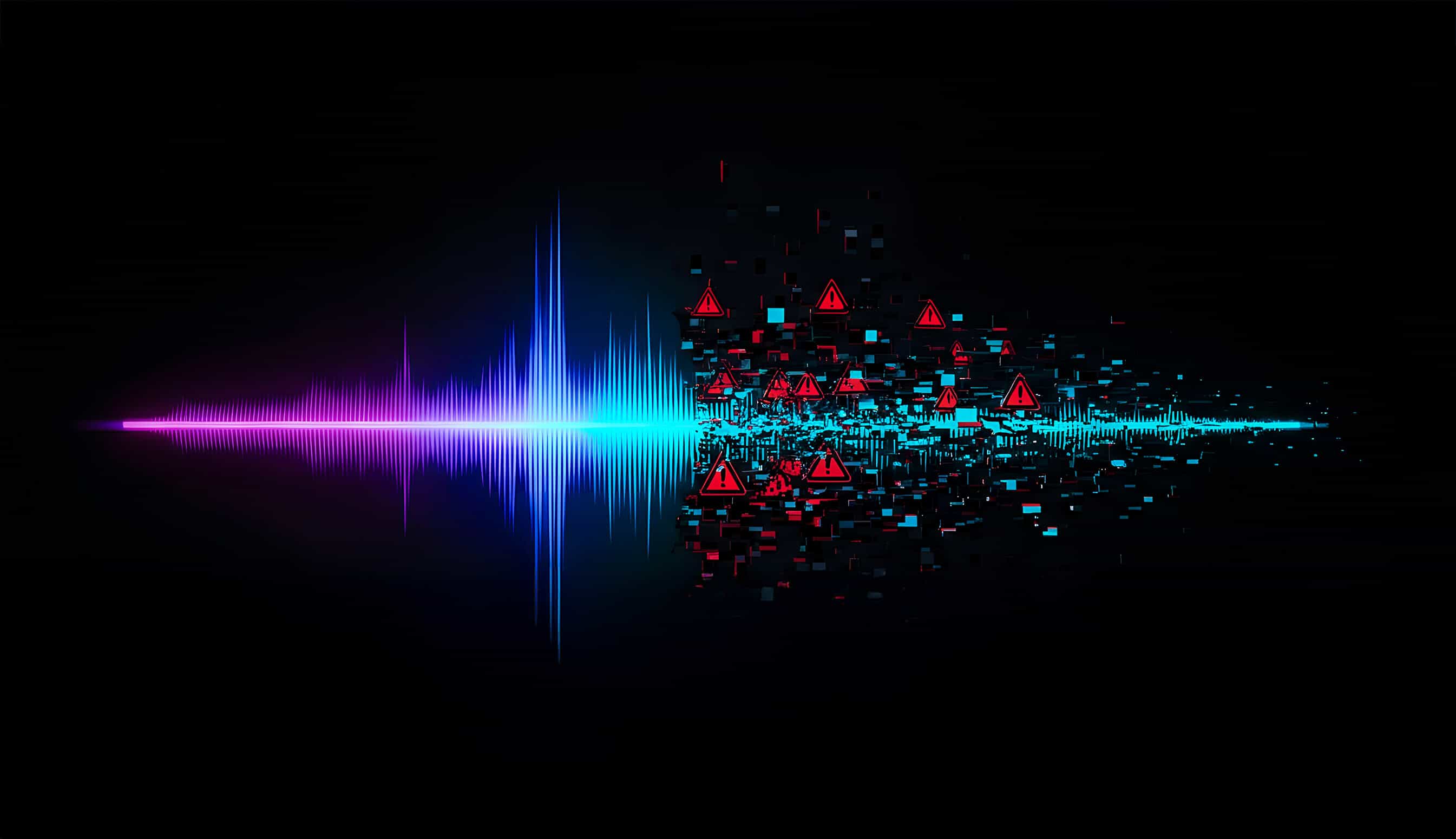 A digital waveform in blue and purple fades into fragmented pixels on the right, interspersed with red warning symbols, suggesting data distortion or cybersecurity threats within an audio or digital signal on a black background.